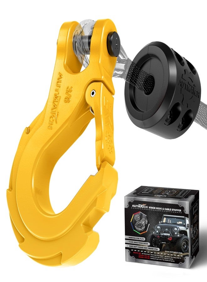 AUTMATCH Winch Hook 3/8" - Clevis Slip Hook with Safety Latch & Winch Cable Hook Stopper, Grade 70 Forged Steel Max 39,600Lbs Work for Winch Rope, ATV, UTV, Off Road Vehicle, Yellow - Image 1